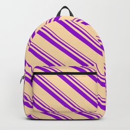 [ Thumbnail: Dark Violet and Tan Colored Stripes/Lines Pattern Backpack ]