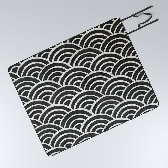 Japanese Seigaiha Wave – Black & White Palette Picnic Blanket