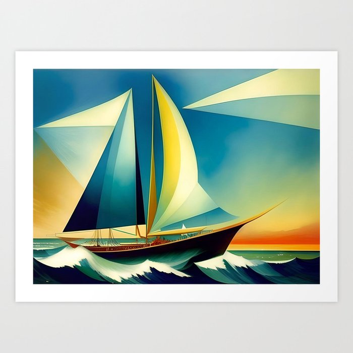 Regatta sailing yacht races art deco cubism nautical maritime landscape ocean painting Art Print