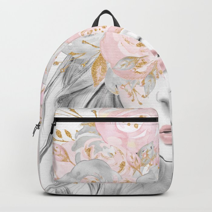 Rose Gold Flowers In Her Hair on Marble Backpack
