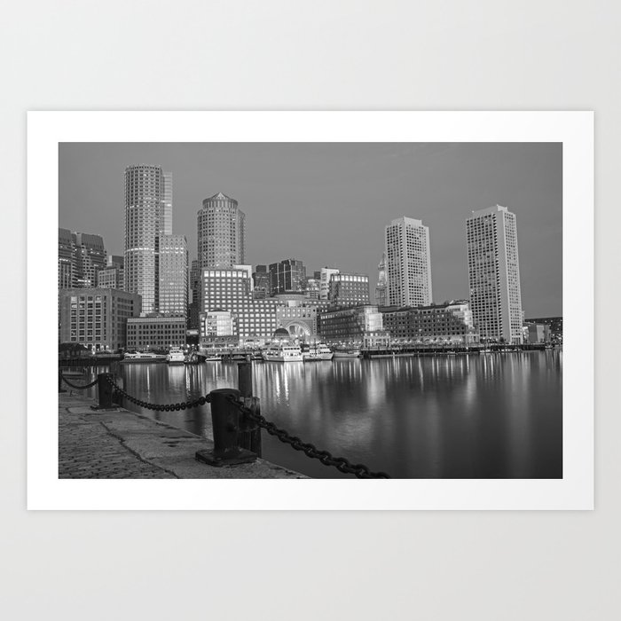 Boston Waterfront Skyline Reflection Fort Point Channel Boston MA Black and White Art Print