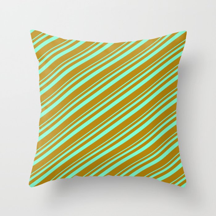 Aquamarine & Dark Goldenrod Colored Lined/Striped Pattern Throw Pillow