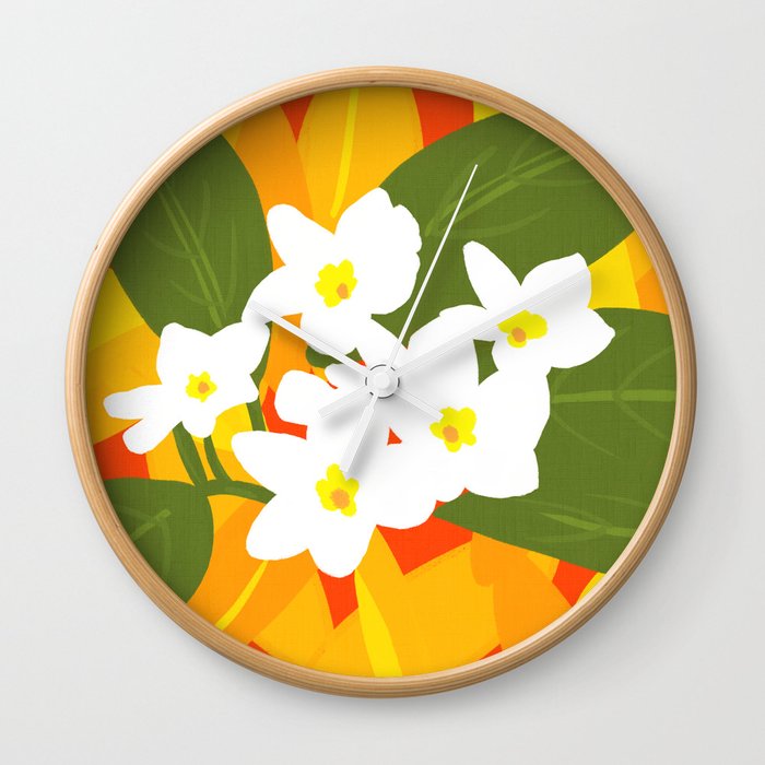 Jungle Flowers Retro Modern Tropical Orange And Red Wall Clock