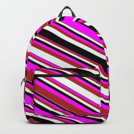 [ Thumbnail: Fuchsia, Red, Mint Cream, and Black Colored Pattern of Stripes Backpack ]