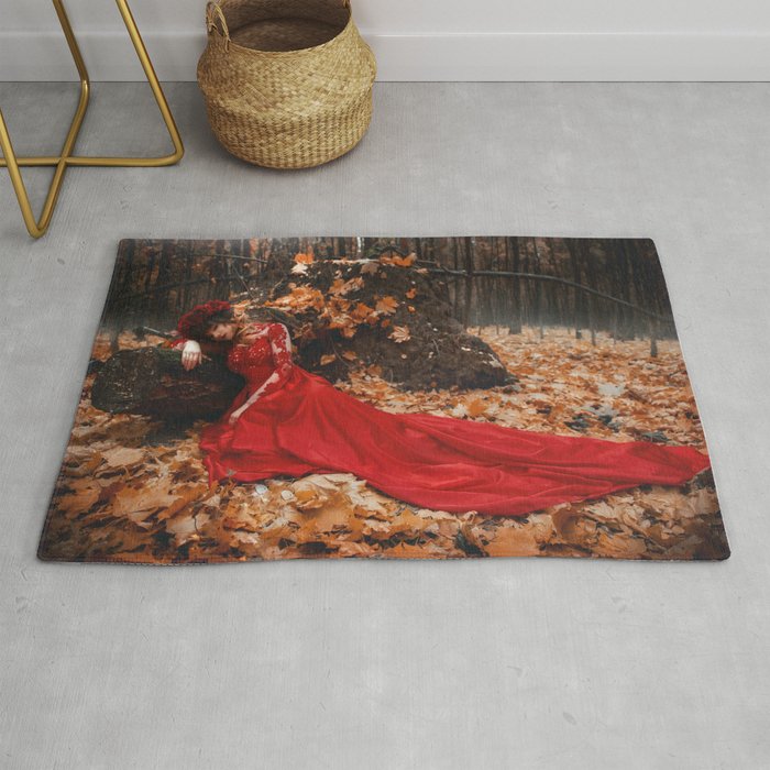 The May Queen; the goddess of flowers in red roses forest female in red gown magical realism fantasy portrait color photograph / photography Rug