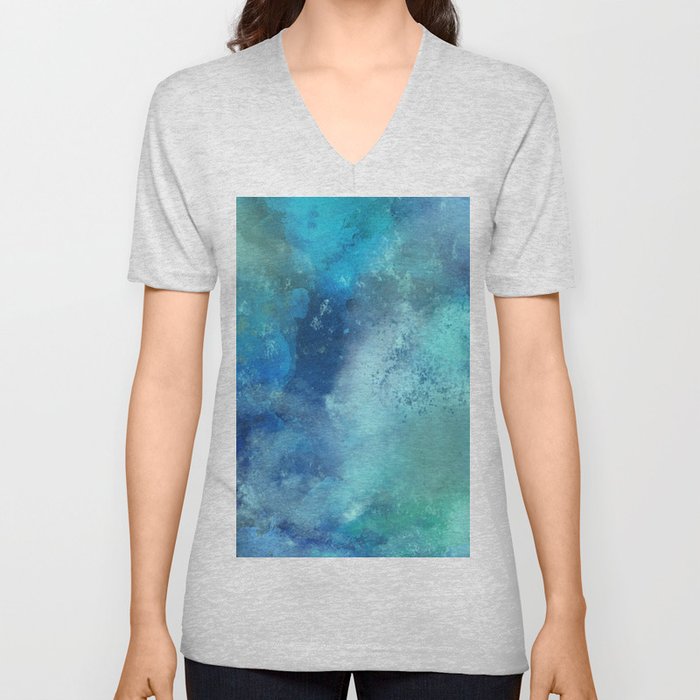 Abstract navy blue teal turquoise watercolor pattern V Neck T Shirt