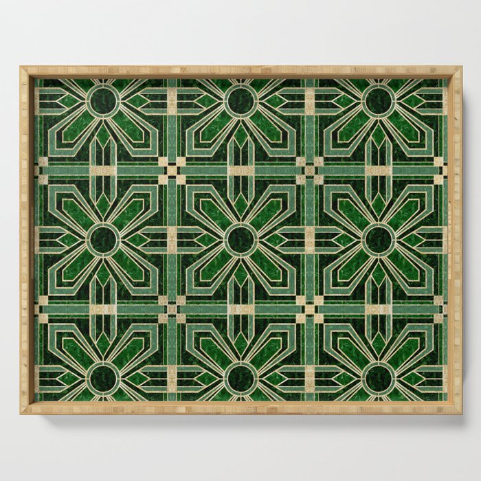 Art Deco Floral Tiles in Emerald Green and Faux Gold Serving Tray