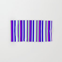 [ Thumbnail: Lavender, Green, Dark Violet, and Blue Colored Lined/Striped Pattern Hand & Bath Towel ]