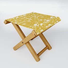 White Old-Fashioned 1920s Vintage Pattern on Mustard Yellow Folding Stool