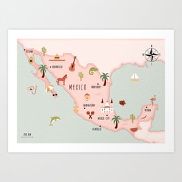 Illustrated map of Mexico Art Print