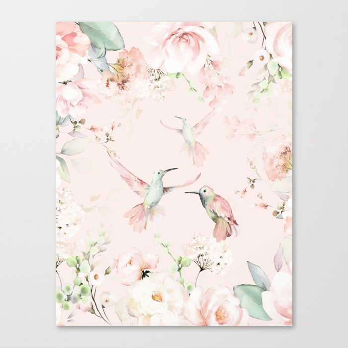 Blush Spring Hummingbirds In Rose Garden Canvas Print