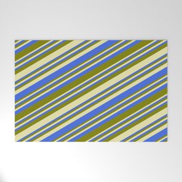 [ Thumbnail: Pale Goldenrod, Royal Blue, and Green Colored Lined Pattern Welcome Mat ]