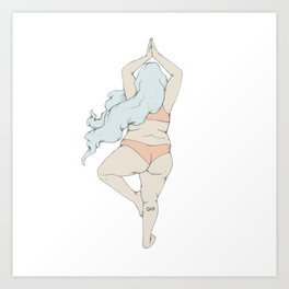 Blue hair curvy plus size girl practice yoga posture (asana) | body positive pastel digital art Art Print