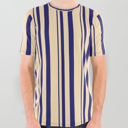 [ Thumbnail: Midnight Blue and Beige Colored Lines Pattern All Over Graphic Tee ]