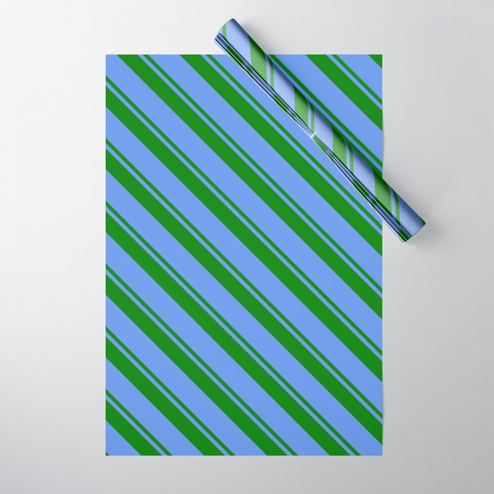 Green and Cornflower Blue Colored Pattern of Stripes Wrapping Paper