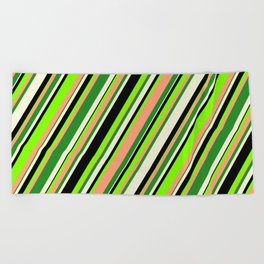 [ Thumbnail: Eyecatching Chartreuse, Light Salmon, Forest Green, Beige & Black Colored Striped/Lined Pattern Beach Towel ]