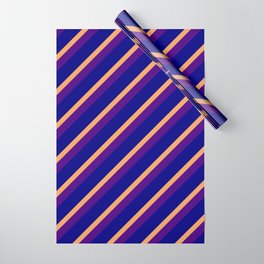 [ Thumbnail: Brown, Indigo, and Blue Colored Striped/Lined Pattern Wrapping Paper ]