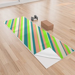 [ Thumbnail: Beige, Chartreuse, Light Salmon, and Teal Colored Lines Pattern Yoga Towel ]