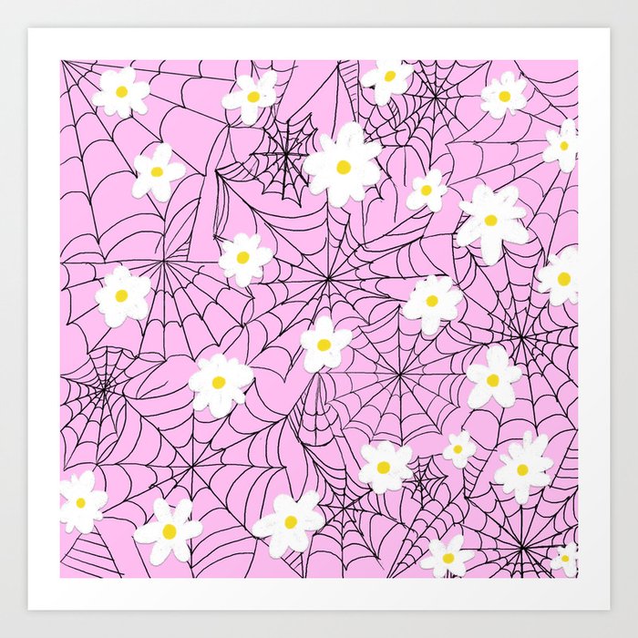 Daisies and Cobwebs, Pink Art Print