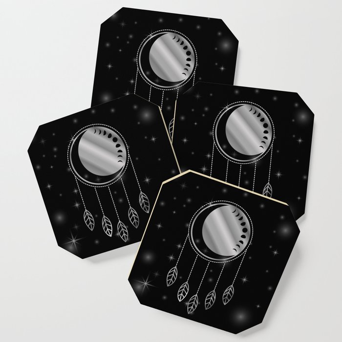Moon phases dreamcatcher with stars in silver Coaster