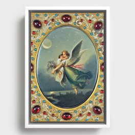 The Guardian Angel in flight over twilight in the city bejeweled portrait painting Framed Canvas