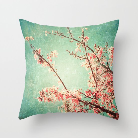Pink Autumn Leafs on Blue Textured Sky (Vintage Nature Photography) Throw Pillow