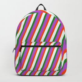 [ Thumbnail: Orchid, Red, Mint Cream, and Forest Green Colored Lines Pattern Backpack ]