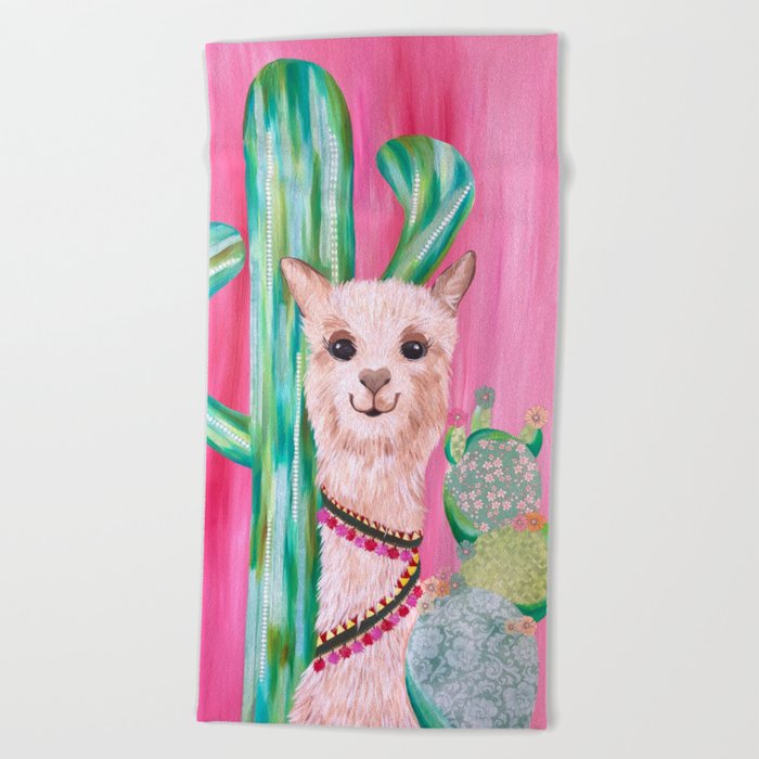Smiling Alpaca with Cacti Beach Towel