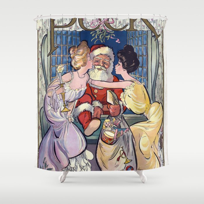 Santa under the misteltoe - Puck 1902 Shower Curtain