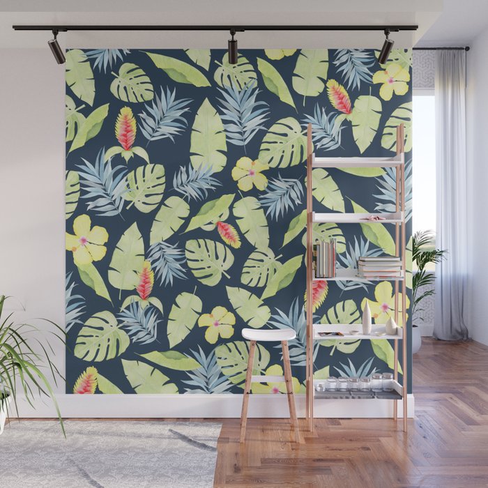 Tropical Leaves with Bromeliad and Hibiscus on Navy Wall Mural