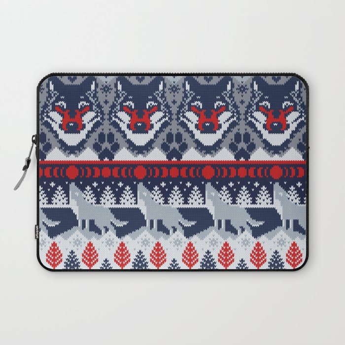 Fair isle knitting grey wolf // navy blue and grey wolves red moons and pine trees Laptop Sleeve