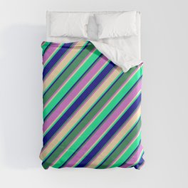 [ Thumbnail: Eyecatching Beige, Green, Dark Blue, Sea Green, and Orchid Colored Lines/Stripes Pattern Duvet Cover ]