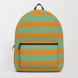 [ Thumbnail: Dark Sea Green & Dark Orange Colored Stripes/Lines Pattern Backpack ]