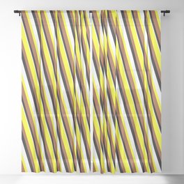 [ Thumbnail: Yellow, Sienna, Black, and White Colored Lined/Striped Pattern Sheer Curtain ]