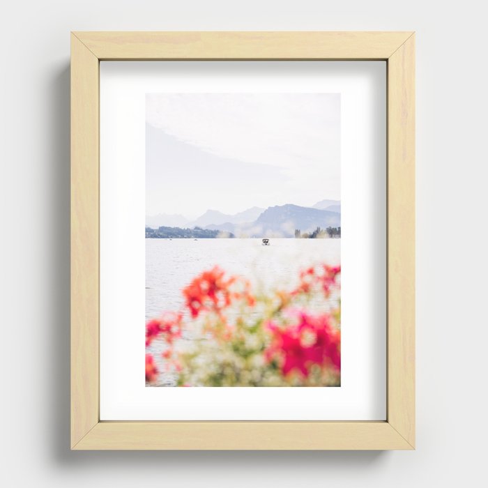 Boat On Lake Luzern Switzerland - Flowers and Mountain View Recessed Framed Print