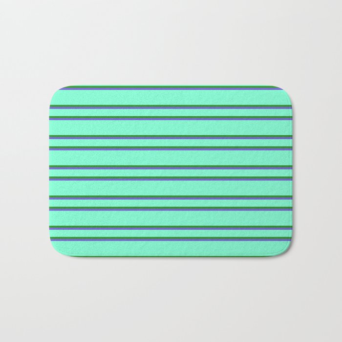 Aquamarine, Forest Green, and Slate Blue Colored Lined Pattern Bath Mat