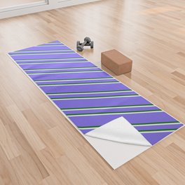 [ Thumbnail: Medium Slate Blue, Dark Green & Mint Cream Colored Lines/Stripes Pattern Yoga Towel ]