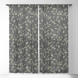 Leafy berry branches pattern with white dots in black background Sheer Curtain