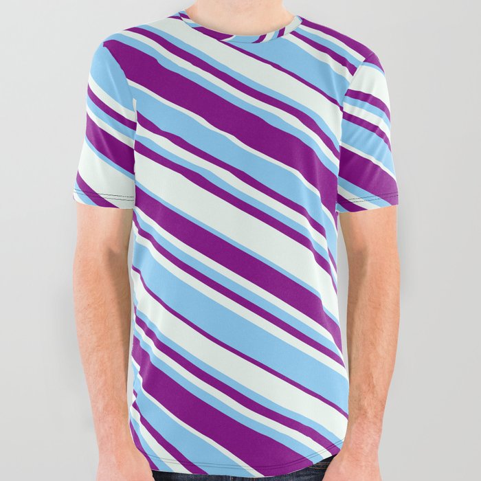 Purple, Mint Cream, and Light Sky Blue Colored Lined/Striped Pattern All Over Graphic Tee