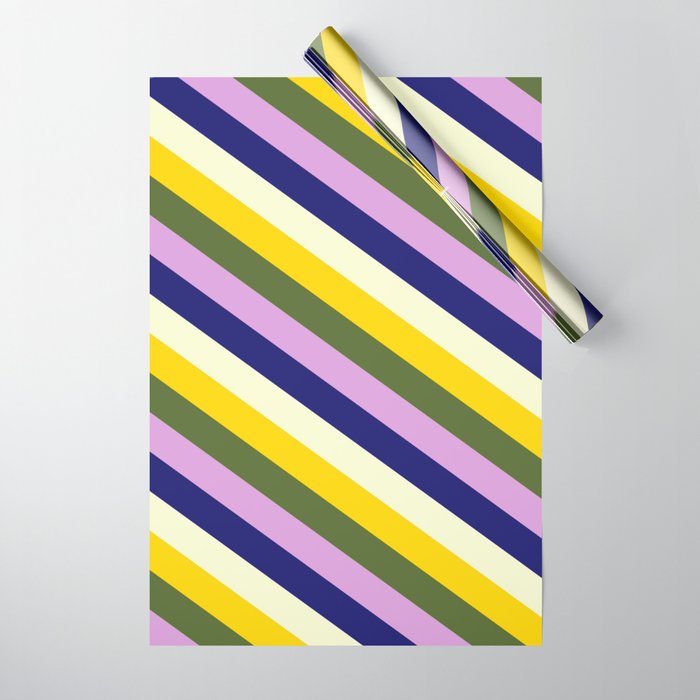 Colorful Light Yellow, Yellow, Dark Olive Green, Plum, and Midnight Blue Colored Pattern of Stripes Wrapping Paper