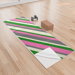 [ Thumbnail: Hot Pink, Dim Gray, Beige, and Green Colored Stripes Pattern Yoga Towel ]