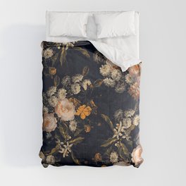 Antique Botanical Peach Roses And Chamomile Midnight Garden Comforter