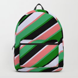 [ Thumbnail: Vibrant Lavender, Light Coral, Sea Green, Green & Black Colored Stripes/Lines Pattern Backpack ]