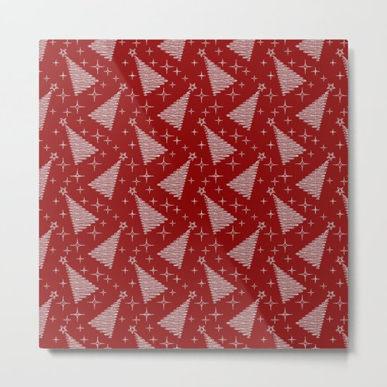 Merry Christmas- Abstract christmas tree pattern on festive red Metal Print