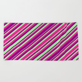 [ Thumbnail: Green, Deep Pink, and Purple Colored Stripes/Lines Pattern Beach Towel ]