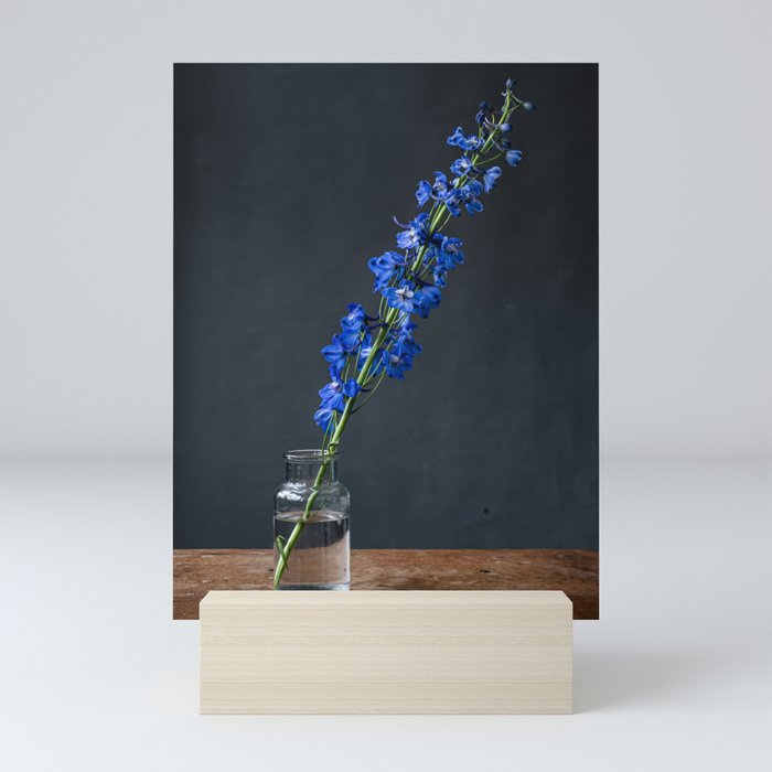 Photo print of beautiful blue flower in glass vase on wood Mini Art Print