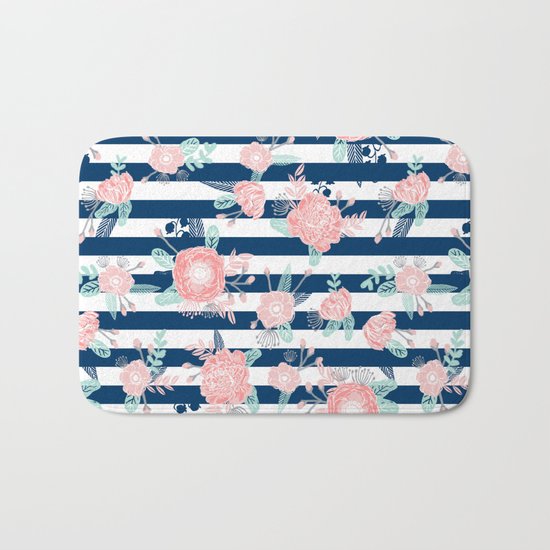 Florals bouquet navy stripe modern classic pattern print nautical preppy chic kids children college Bath Mat