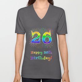 [ Thumbnail: 26th Birthday - Fun Rainbow Spectrum Gradient Pattern Text, Bursting Fireworks Inspired Background V Neck T Shirt V-Neck T-Shirt ]