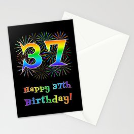 [ Thumbnail: 37th Birthday - Fun Rainbow Spectrum Gradient Pattern Text, Bursting Fireworks Inspired Background Stationery Cards ]