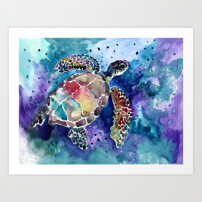 Sea Turtle underwater, beach deep blue barine blue turtle beach style design Art Print